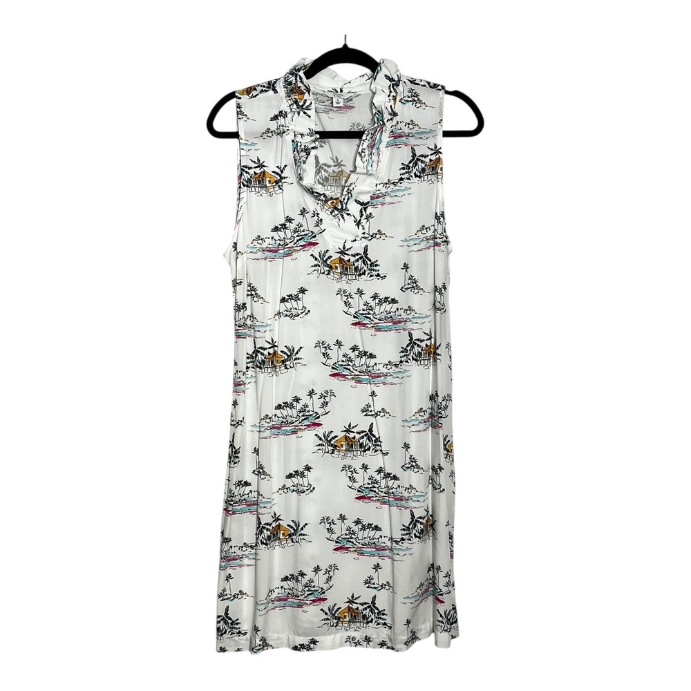 Crown & Ivy Women White Tropical Scenic Ruffle Neck Sleeveless Shift Dress L NEW
